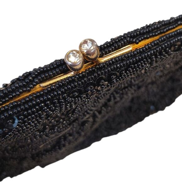 VTG 50s 60s Black Handmade Hong Kong Beaded Sequins Kiss Lock Clutch - Picture 9 of 16